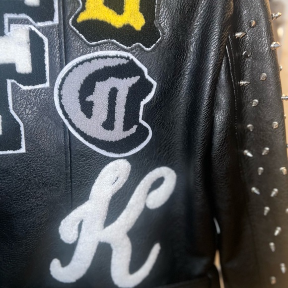 Black and White Leather Jacket with Studded Sleeves - Picture 8 of 9